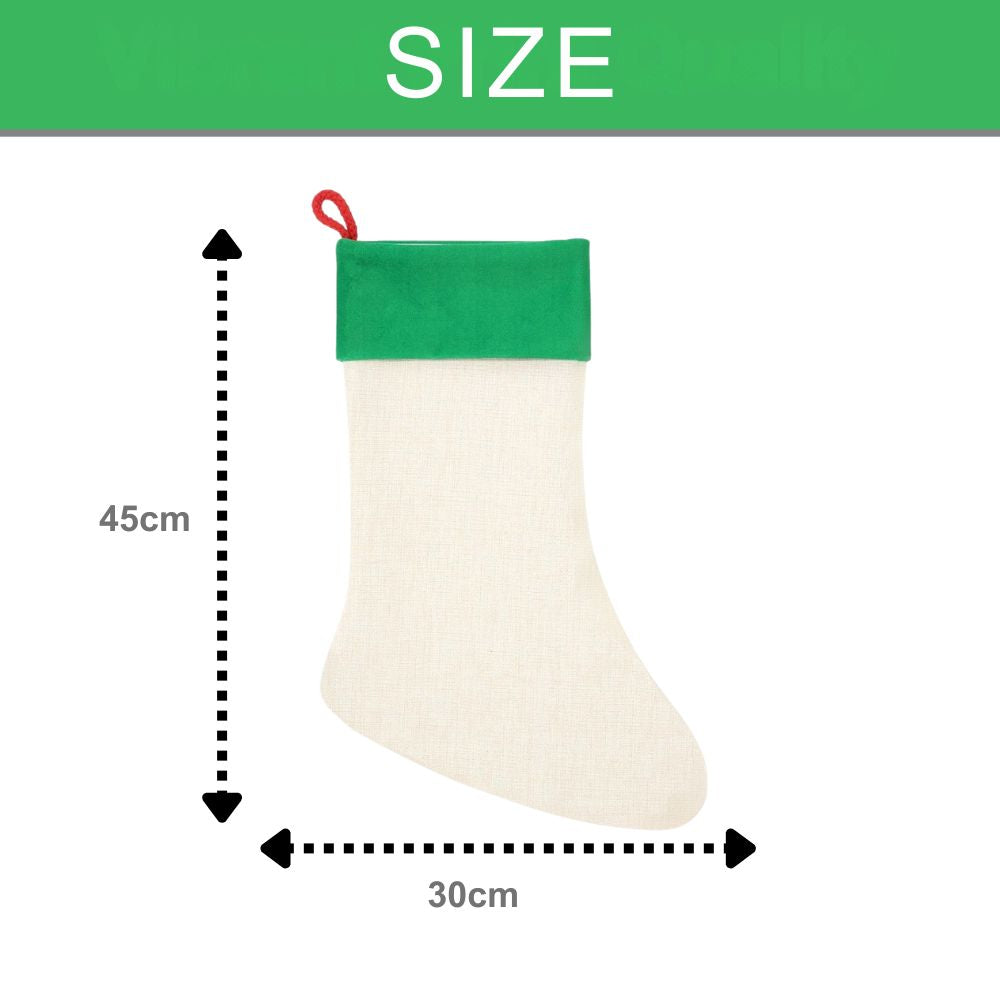 Sublimation blank linen Christmas stocking with plush green cuff and red hanging loop 45x30cm