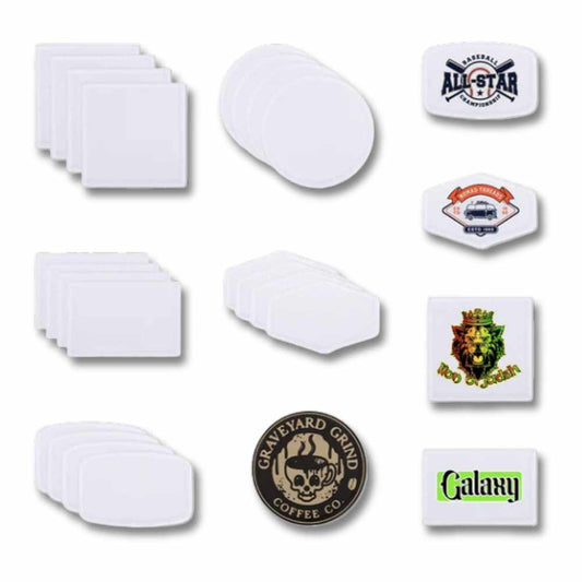 Blank Sublimation Fabric Patches (5-Pack) – White Heat Transfer Patches in Round, Square, Rectangle, Rounded & Hexagon Shapes