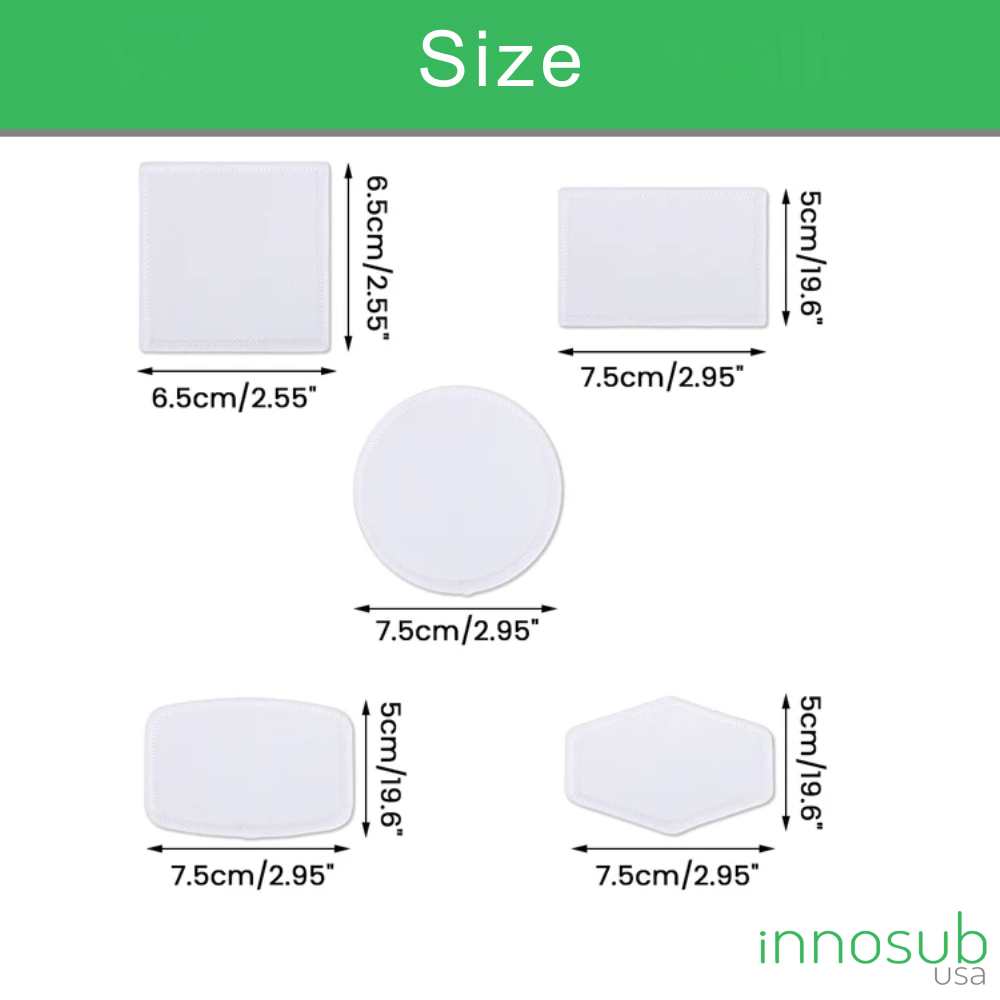 Blank Sublimation Fabric Patches (5-Pack) – White Heat Transfer Patches in Round, Square, Rectangle, Rounded & Hexagon Shapes