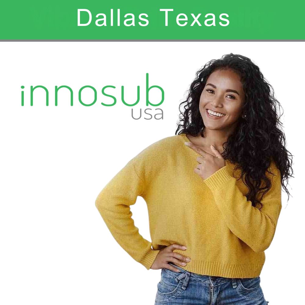 Woman wearing a yellow sweater with 'innosub USA' branding and 'Dallas Texas' text above.