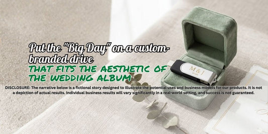Put the "Big Day" on a custom-branded drive that fits the aesthetic of the wedding album. 👰💍