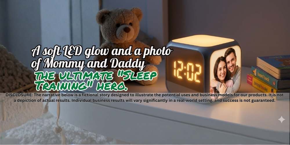 A soft LED glow and a photo of Mommy and Daddy—the ultimate "Sleep Training" hero. 👶🌙