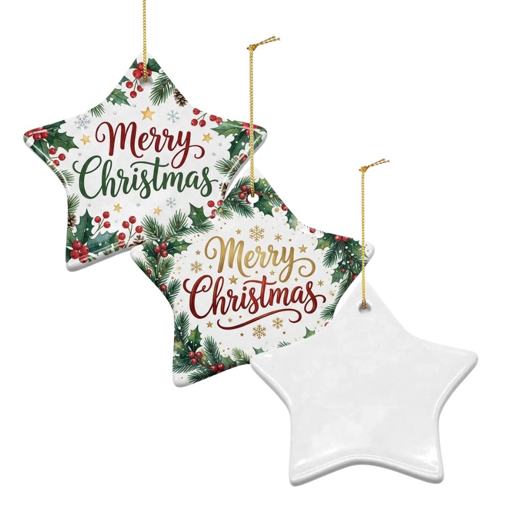 Sublimation blank double-sided star ceramic ornament with gold string 80x80mm