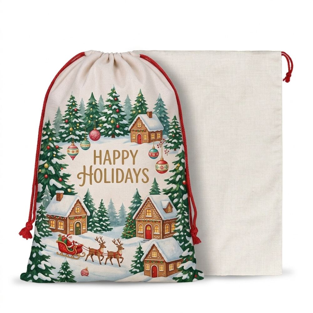 Customizable white linen Christmas gift sack with printed festive winter village design