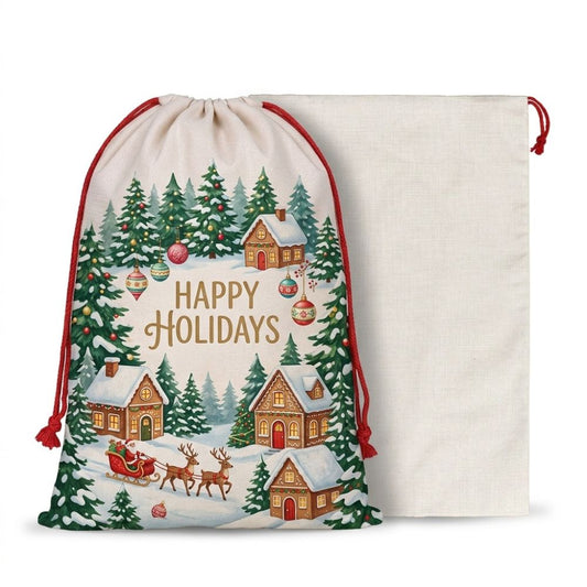 Customizable white linen Christmas gift sack with printed festive winter village design