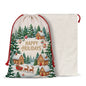 Customizable white linen Christmas gift sack with printed festive winter village design