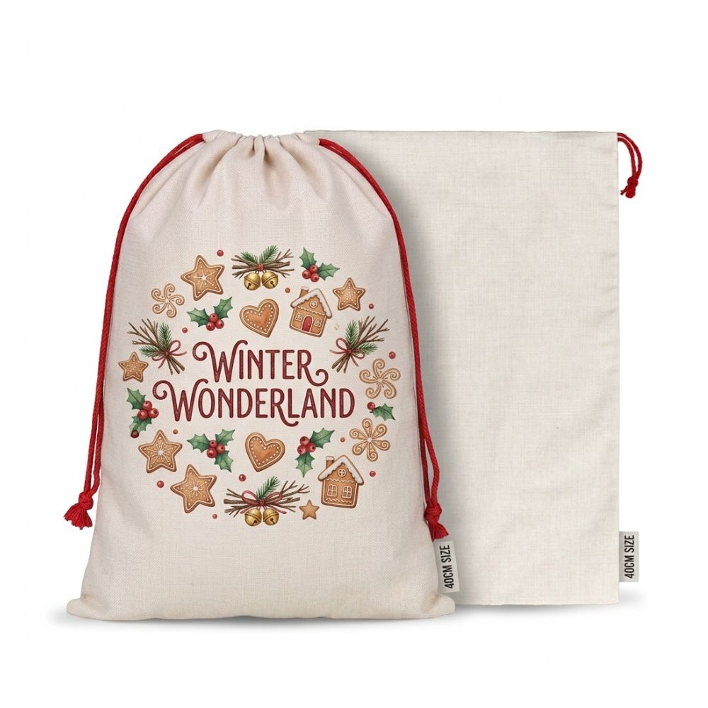 Customizable white linen Christmas gift bag with printed Winter Wonderland design