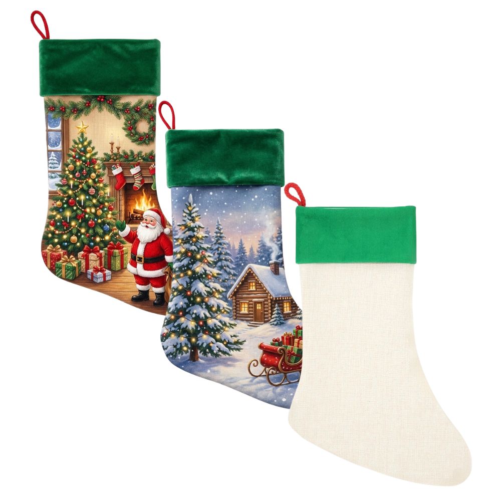 Blank linen stocking with green cuff showing dimensions 45cm length by 30cm width