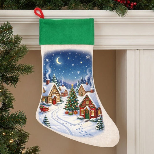Customizable white linen Christmas stocking with green top cuff and printed cozy winter scene
