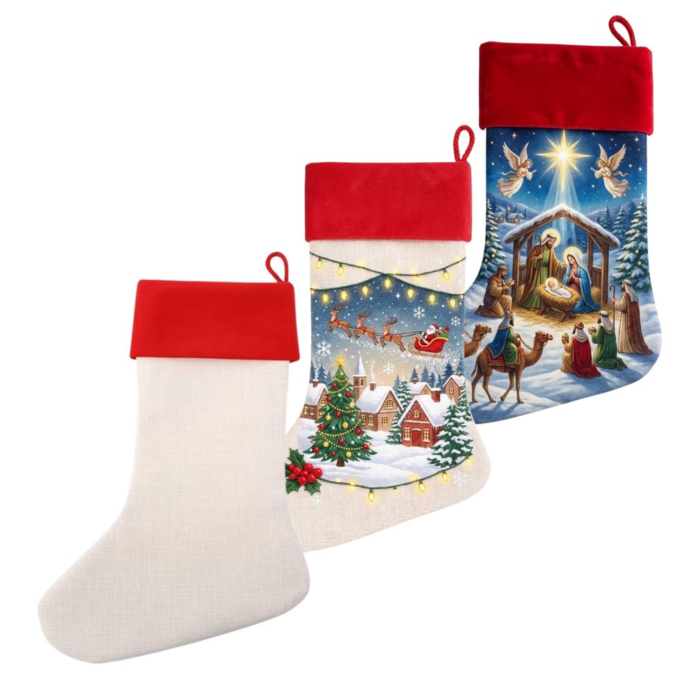 Blank linen stocking with plush red velvet cuff showing dimensions 45cm length by 30cm width