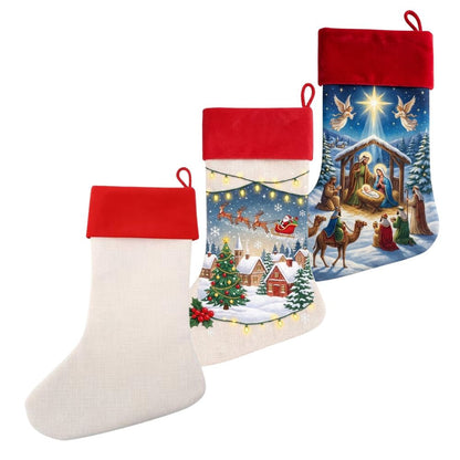 Blank linen stocking with plush red velvet cuff showing dimensions 45cm length by 30cm width