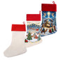 Blank linen stocking with plush red velvet cuff showing dimensions 45cm length by 30cm width