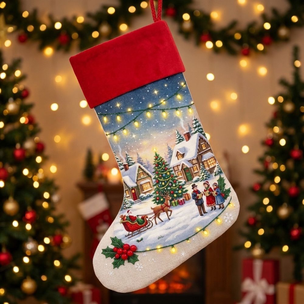 Customizable white linen Christmas stocking featuring printed nativity scene design
