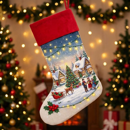 Customizable white linen Christmas stocking featuring printed nativity scene design