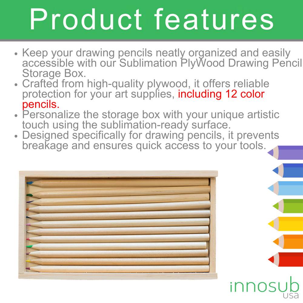 Sublimation Blanks Pencil Box with 12 pcs Color Pencils |  PlyWood Brush Set