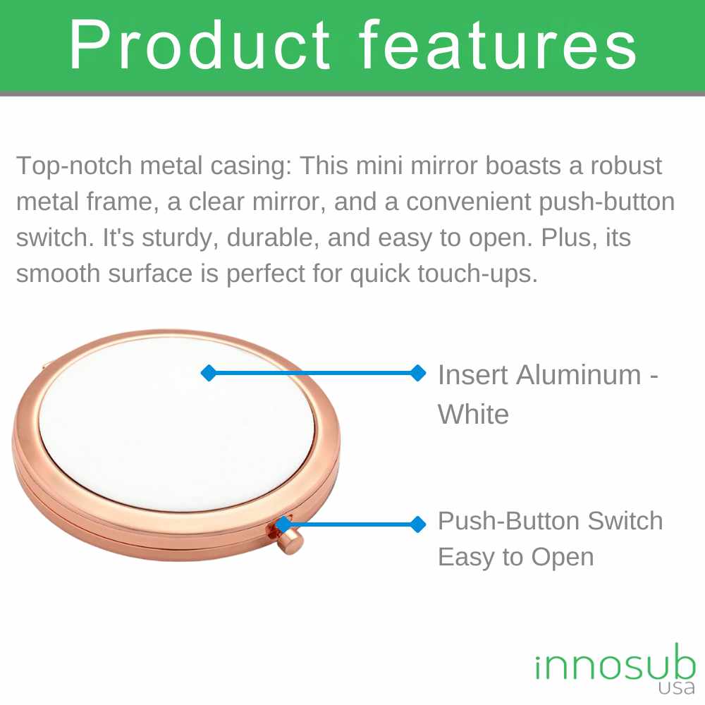 Sublimation Blanks Compact Pocket Mirror - Round – Gold /Rose Gold / Silver/ Black