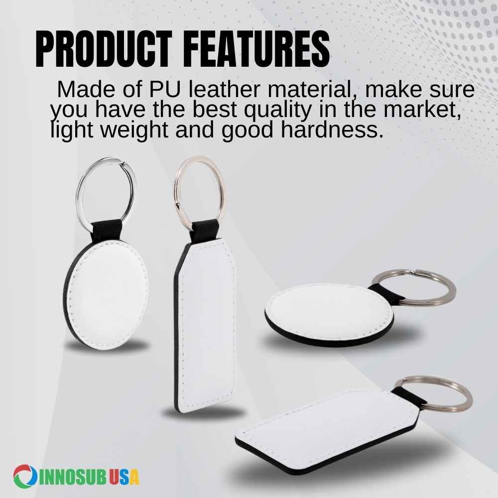 SUBLIMATION BLANKS INNOSUB USA  PU Leather Sublimation Keychain – Round/Rectangle Metal Round Key Rings Art Supply