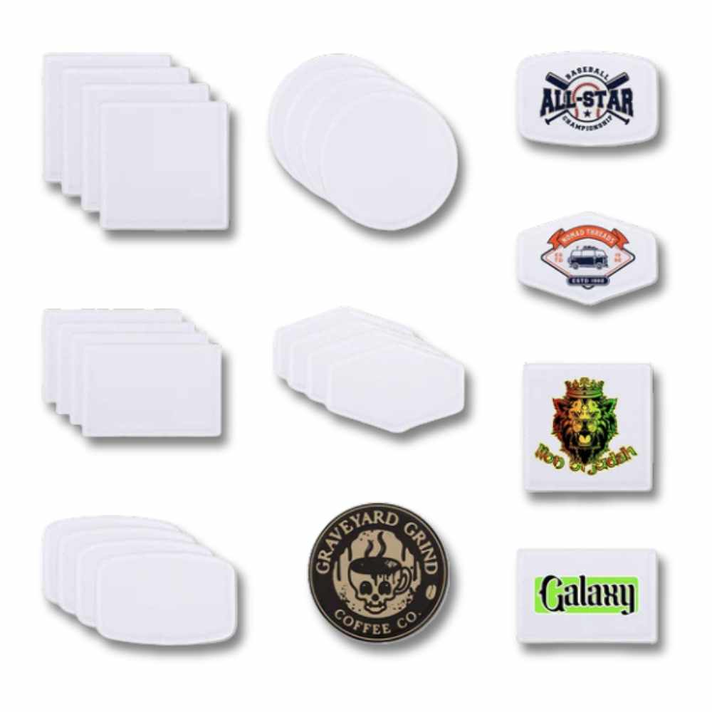 Blank Sublimation Fabric Patches (5-Pack) – White Heat Transfer Patches in Round, Square, Rectangle, Rounded & Hexagon Shapes