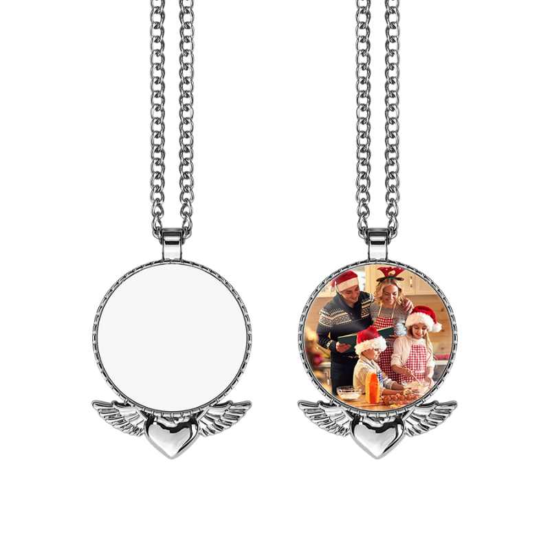 Sublimation Photo Round Necklace Blanks with Wings Below Pendant Ornament sublimation