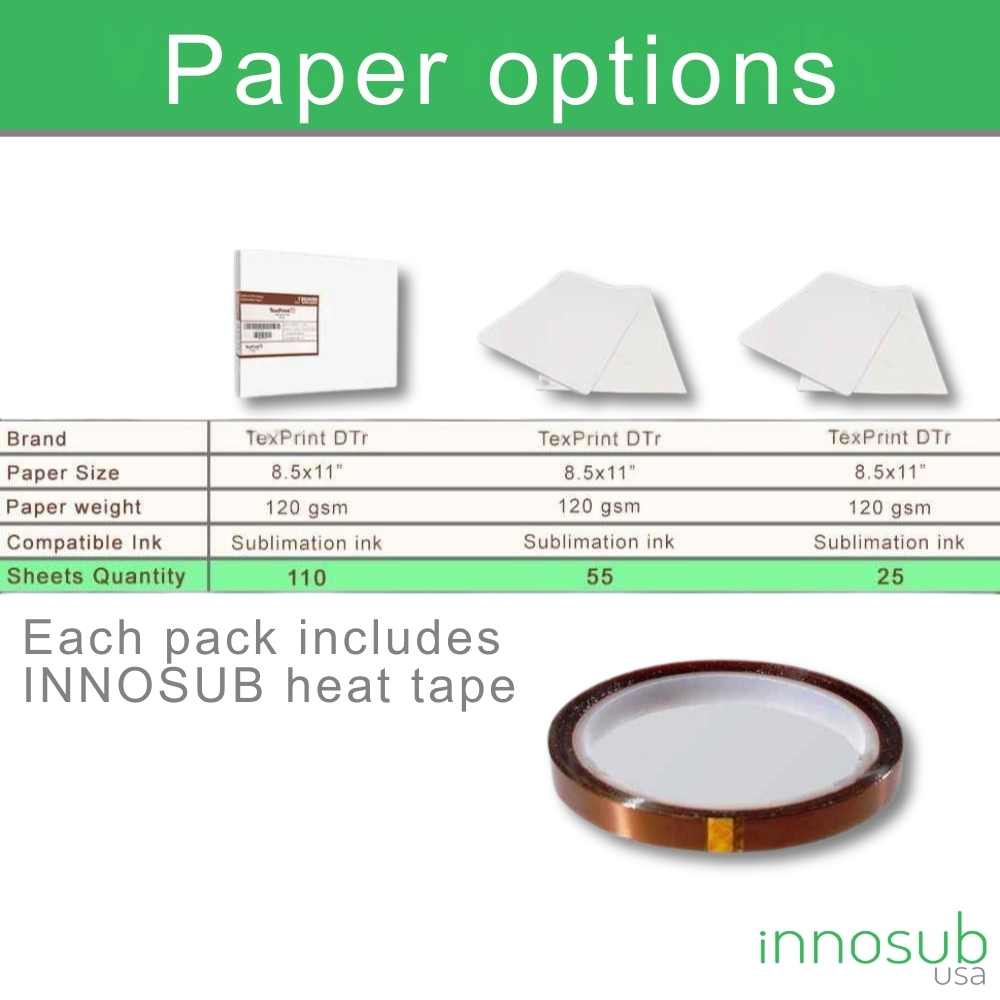 OEM Texprint Sublimation Paper 8.5x11 for Ricoh Printers | 120 Gsm | Dye Sublimation Transfer Dt Heavy Paper (Pack of 110 Sheets) Comes with Innosub Heat Tape Resistant, sublimation paper for epson
